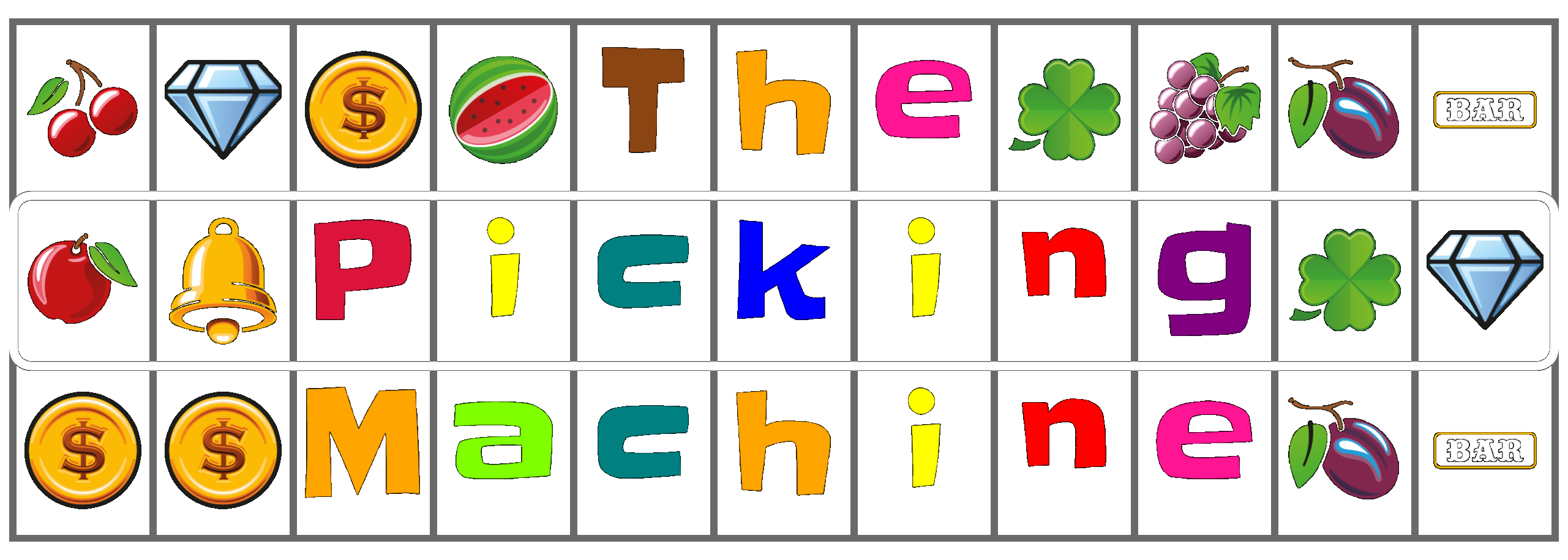 The Picking Machine - random name picker with slot machine style columns showing colourful letters and fruit icons